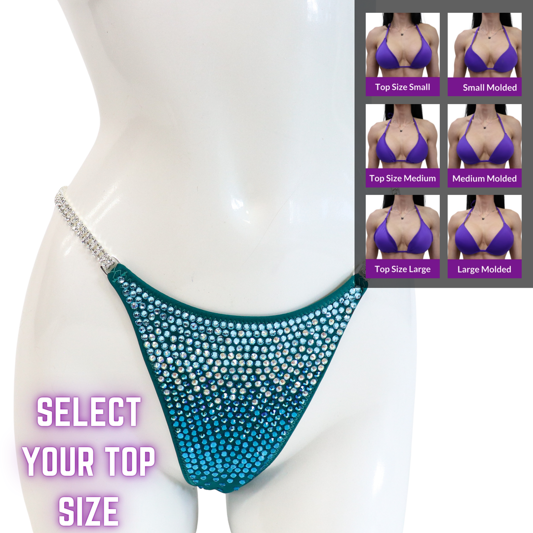 QS SZ: Diamond Cascade 5 Color. Matte Teal. Select Your Top/Brazilian, Extra Modest Rise.  Angel Competition BikinisThe best NPC Competition Suits for the Bikini Division, Fit Model Division Suits, and bodybuilding suits.