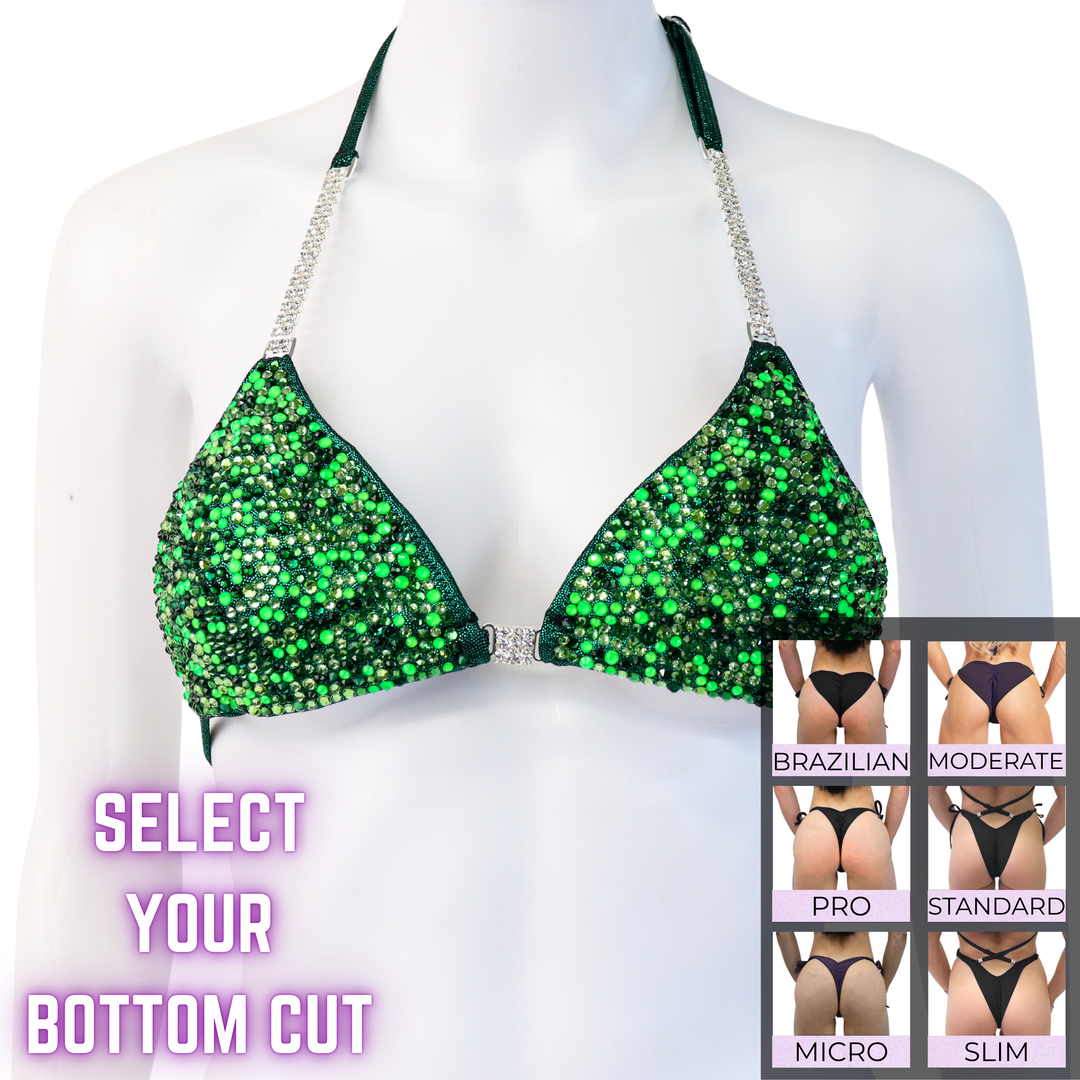 QS SZ: Crystal Radiance. Hologram Emerald. Small.  Angel Competition BikinisThe best NPC Competition Suits for the Bikini Division, Fit Model Division Suits, and bodybuilding suits.
