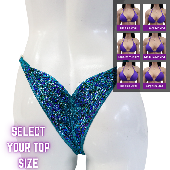QS SZ: Crystal Radiance. Hologram Teal. Select Your Top/Brazilian, Modest Rise.  Angel Competition BikinisThe best NPC Competition Suits for the Bikini Division, Fit Model Division Suits, and bodybuilding suits.