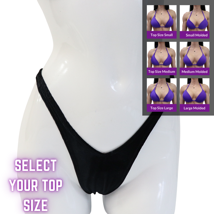 QS SZ: Velvet Black Posing Practice Suit. Select Your Top/Pro, Modest Rise.  Angel Competition BikinisThe best NPC Competition Suits for the Bikini Division, Fit Model Division Suits, and bodybuilding suits.