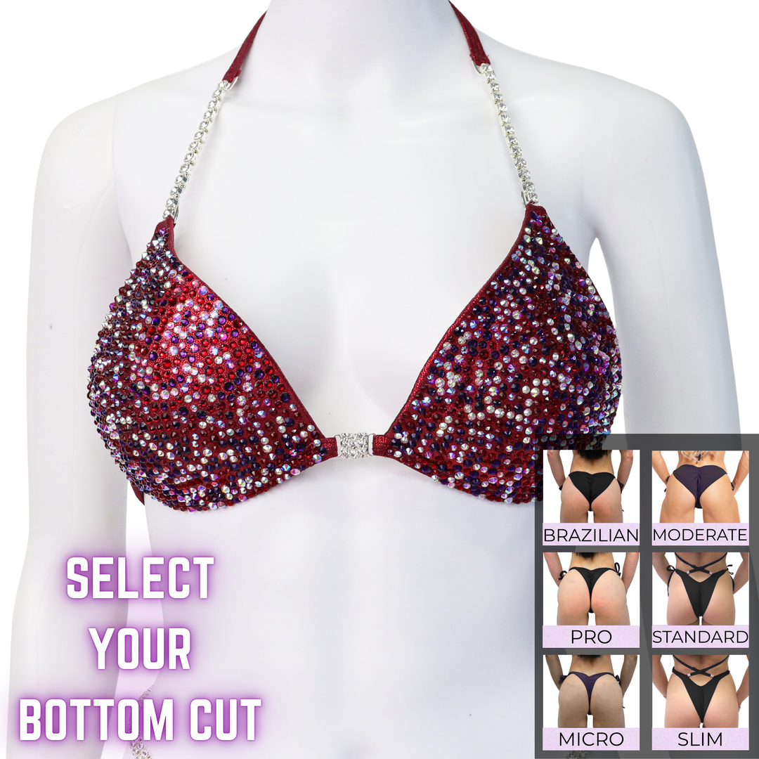 QS SZ: Crystal Radiance. Hologram Maroon. Medium Molded/Select Your Bottom.  Angel Competition BikinisThe best NPC Competition Suits for the Bikini Division, Fit Model Division Suits, and bodybuilding suits.