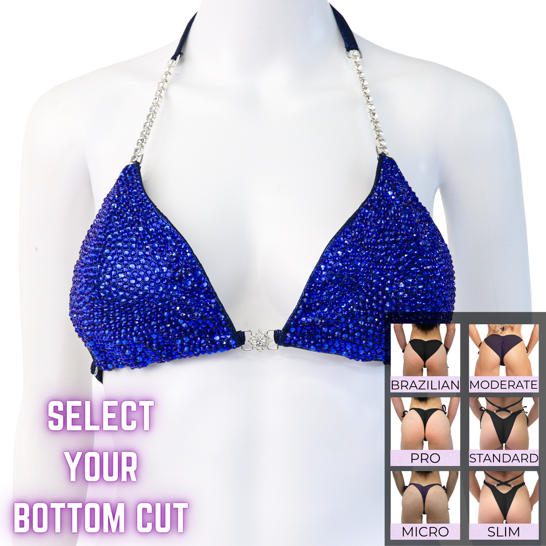 QS SZ: Deep Blue Diamond Radiance. Medium.  Angel Competition BikinisThe best NPC Competition Suits for the Bikini Division, Fit Model Division Suits, and bodybuilding suits.