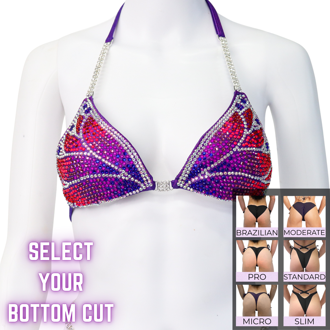 QS SZ: Crystal Monarch. Hologram Purple. Medium/Select Your Bottom.  Angel Competition BikinisThe best NPC Competition Suits for the Bikini Division, Fit Model Division Suits, and bodybuilding suits.
