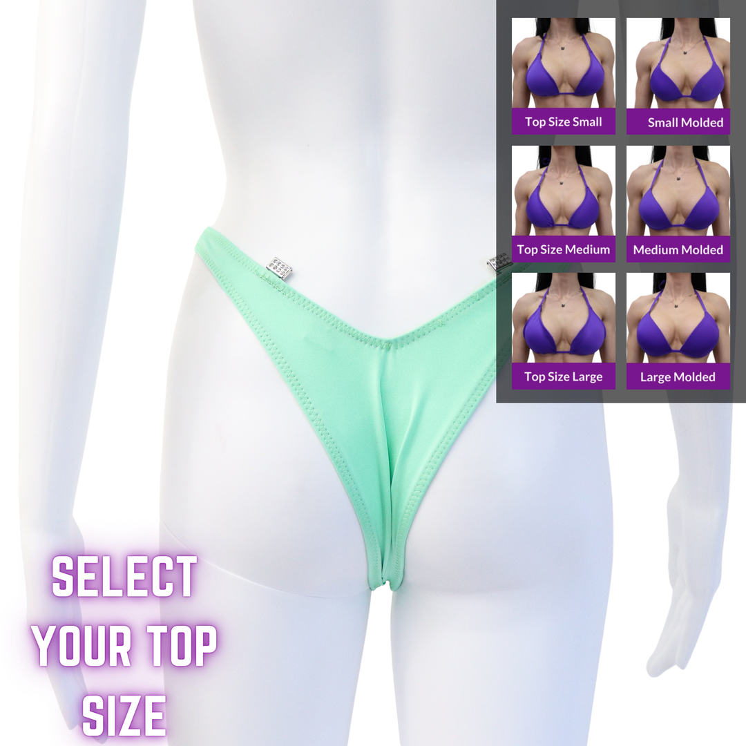 QS SZ: Matte Mint Posing Practice Suit. Standard Figure Cut.  Angel Competition BikinisThe best NPC Competition Suits for the Bikini Division, Fit Model Division Suits, and bodybuilding suits.