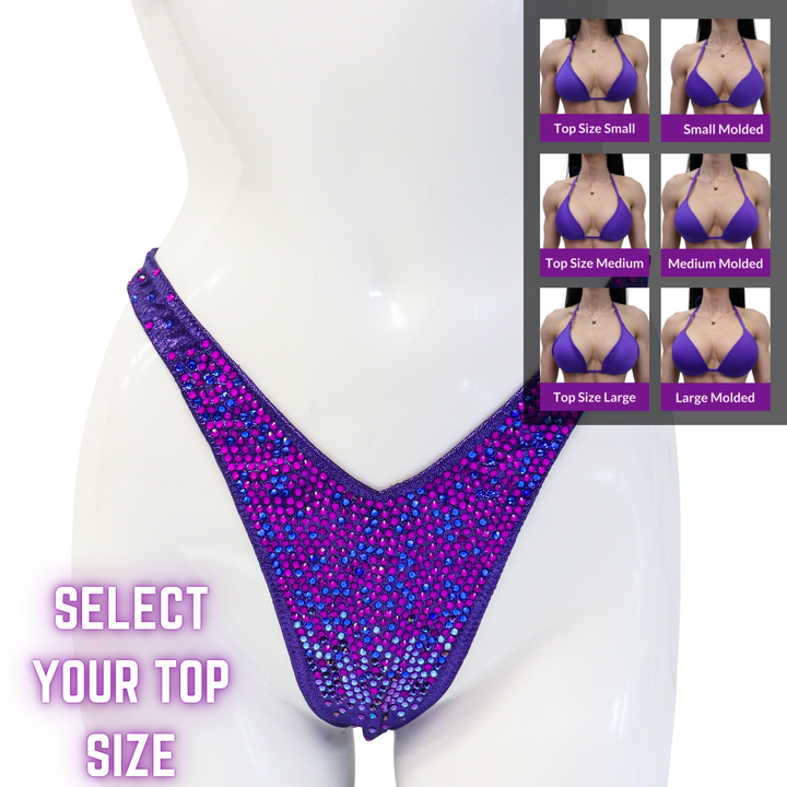 QS SZ: Angel Pro Gradient 3. Hologram Eggplant. Select Your Top/Standard Figure, Modest Rise.  Angel Competition BikinisThe best NPC Competition Suits for the Bikini Division, Fit Model Division Suits, and bodybuilding suits.