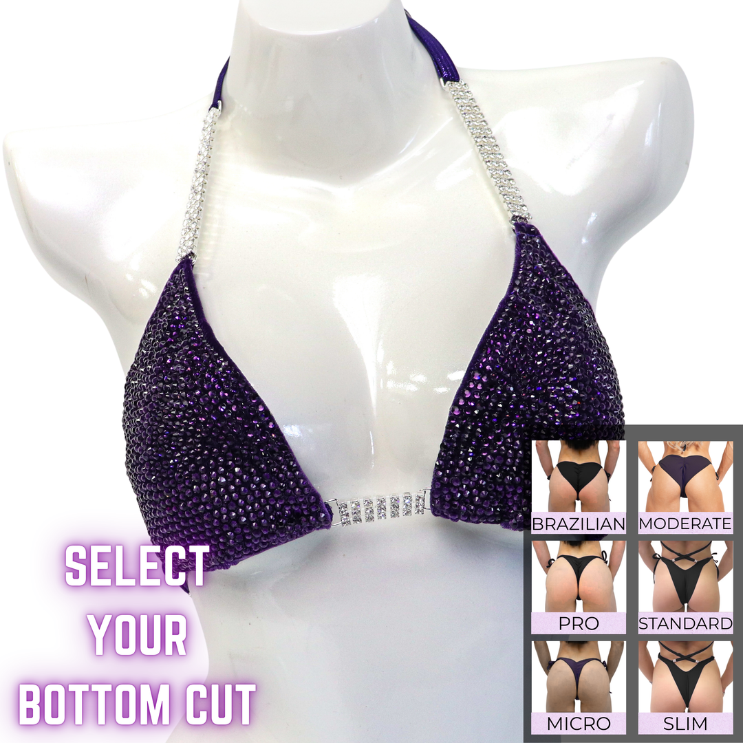 QS SZ: Velvet Purple Radiance. Medium/Select Your Bottom.  Angel Competition BikinisThe best NPC Competition Suits for the Bikini Division, Fit Model Division Suits, and bodybuilding suits.