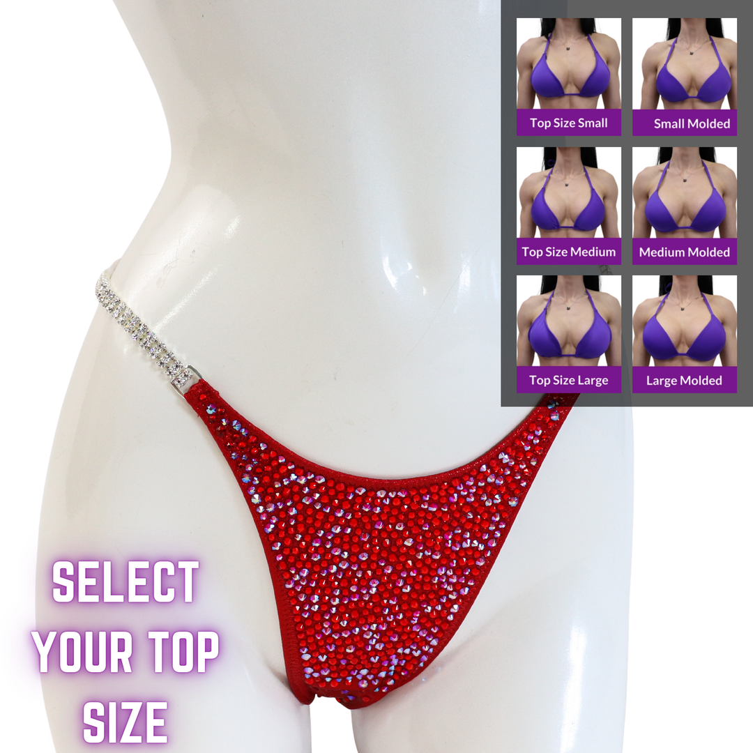 QS SZ: Ashley K's Signature Red Radiance. Select Your Top/Pro, Modest Rise.  Angel Competition BikinisThe best NPC Competition Suits for the Bikini Division, Fit Model Division Suits, and bodybuilding suits.