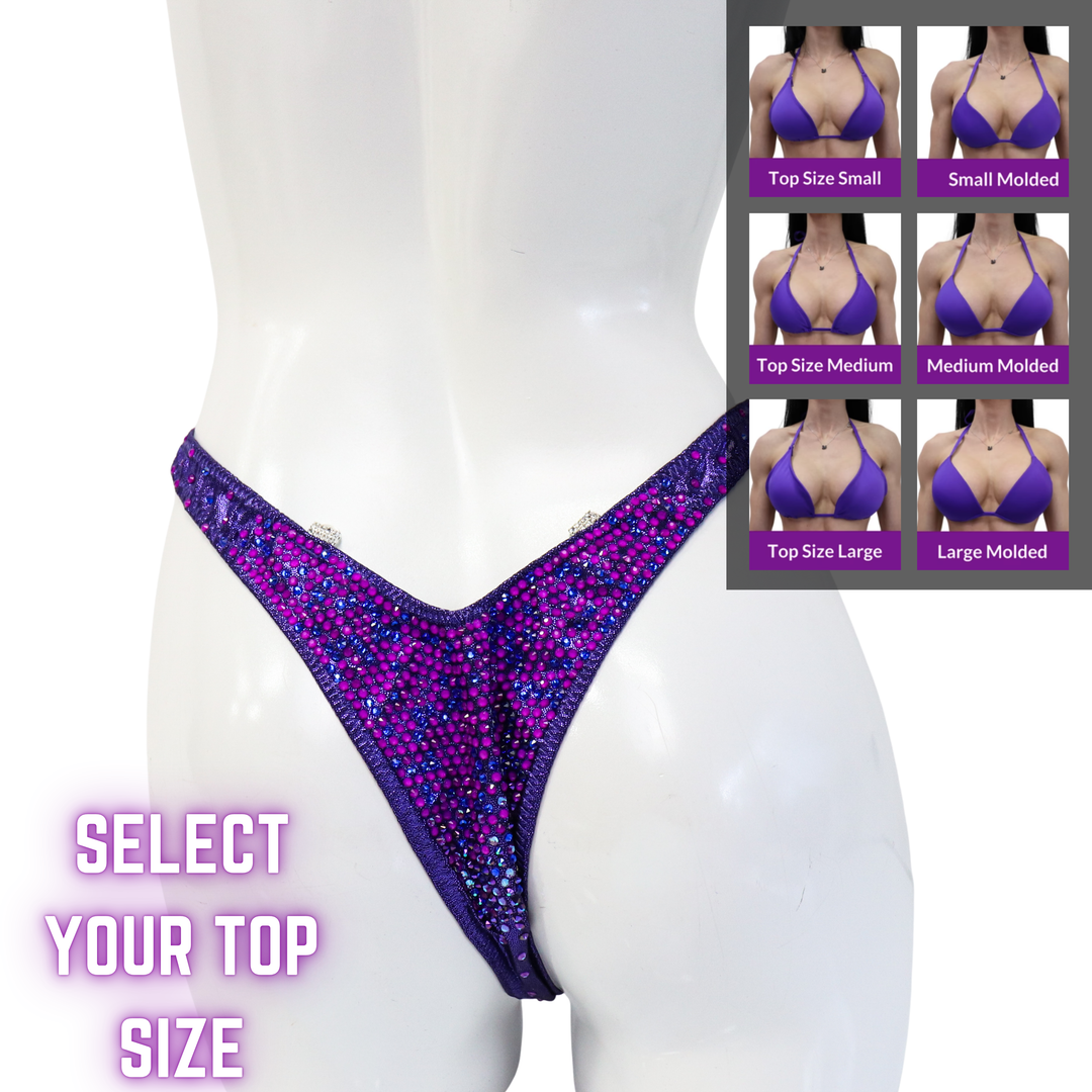 QS SZ: Angel Pro Gradient 3. Hologram Eggplant. Select Your Top/Standard Figure, Modest Rise.  Angel Competition BikinisThe best NPC Competition Suits for the Bikini Division, Fit Model Division Suits, and bodybuilding suits.