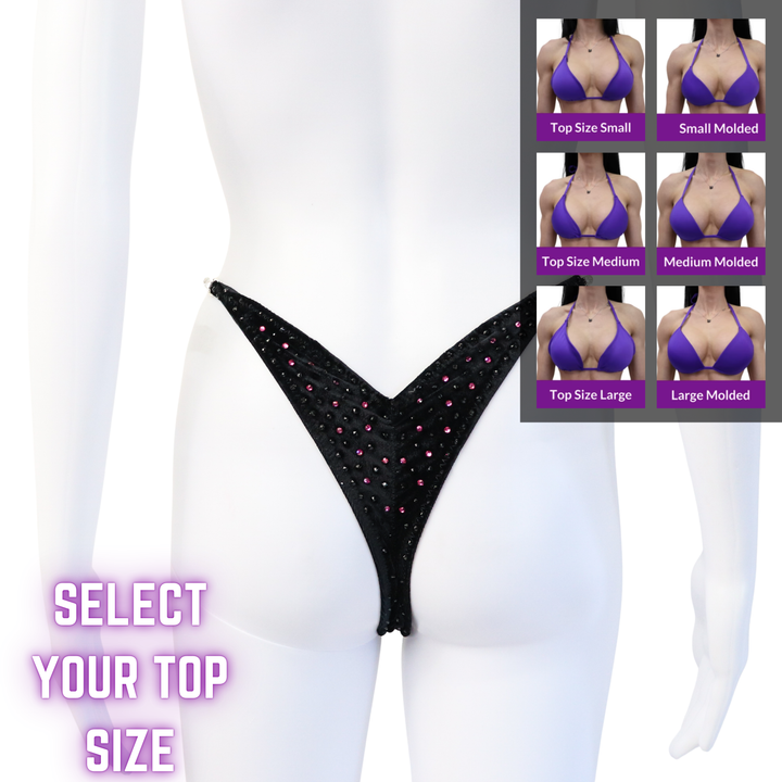 QS SZ: Angel Shimmer. Velvet Black. Pro with Modest Rise.  Angel Competition BikinisThe best NPC Competition Suits for the Bikini Division, Fit Model Division Suits, and bodybuilding suits.