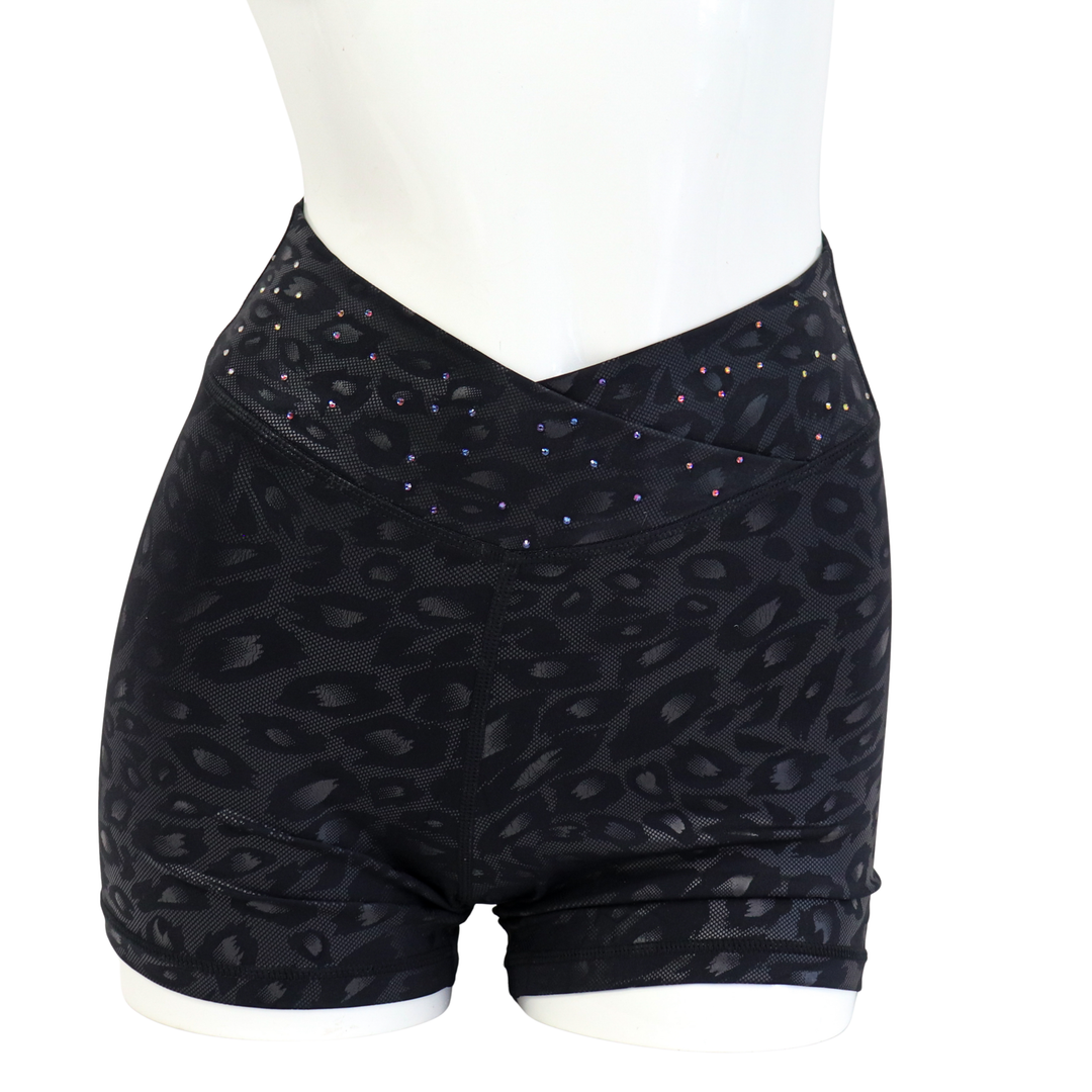 QS CL: Crystalized Black Cheetah Shorts- Small  Angel Competition BikinisThe best NPC Competition Suits for the Bikini Division, Fit Model Division Suits, and bodybuilding suits.
