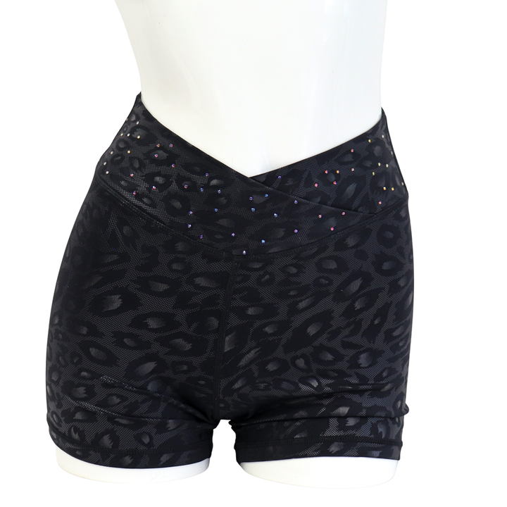 QS CL: Crystalized Black Cheetah Shorts- Small  Angel Competition BikinisThe best NPC Competition Suits for the Bikini Division, Fit Model Division Suits, and bodybuilding suits.