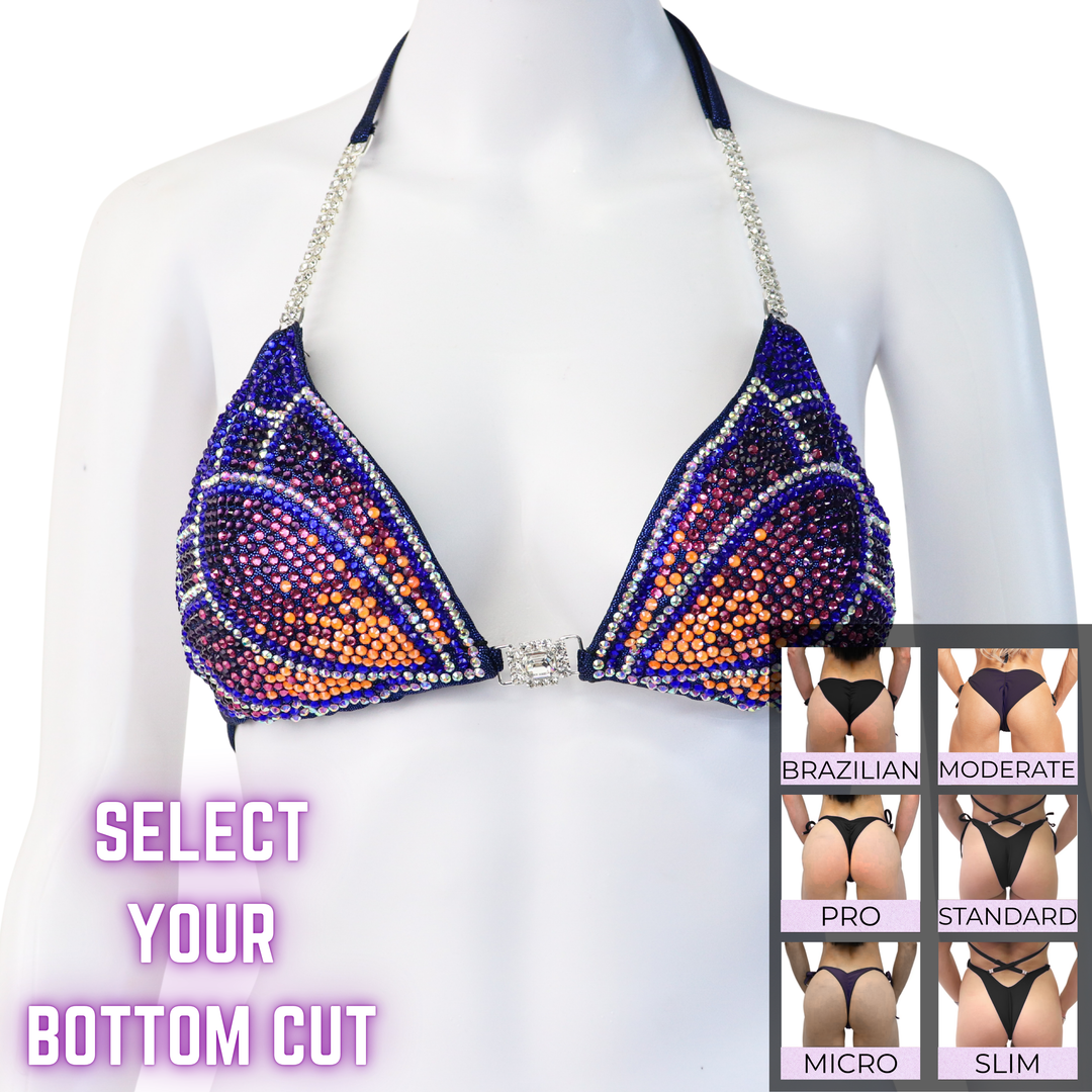 QS SZ: Dark Blue Crystal Lotus. Medium/Select Your Bottom.  Angel Competition BikinisThe best NPC Competition Suits for the Bikini Division, Fit Model Division Suits, and bodybuilding suits.