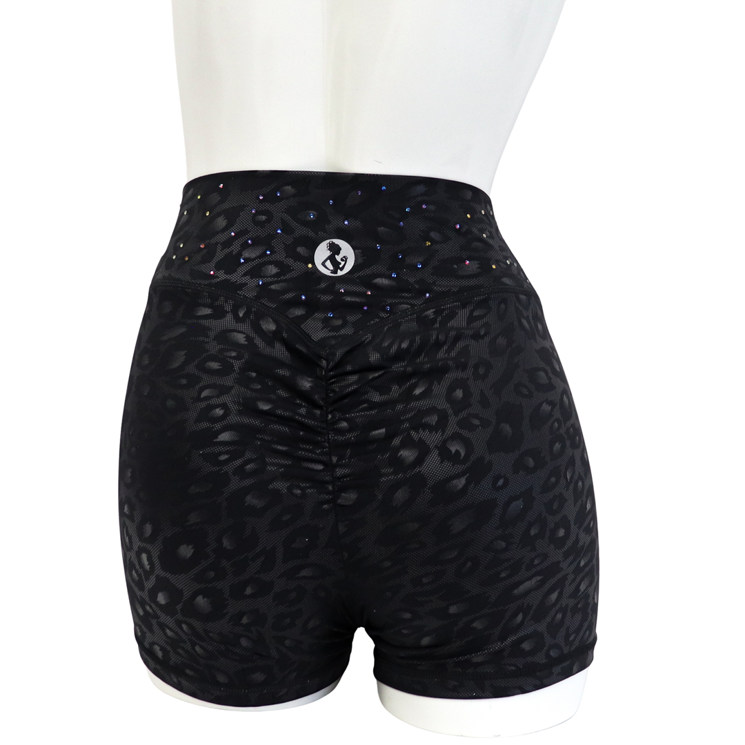 QS CL: Crystalized Black Cheetah Shorts- Small  Angel Competition BikinisThe best NPC Competition Suits for the Bikini Division, Fit Model Division Suits, and bodybuilding suits.