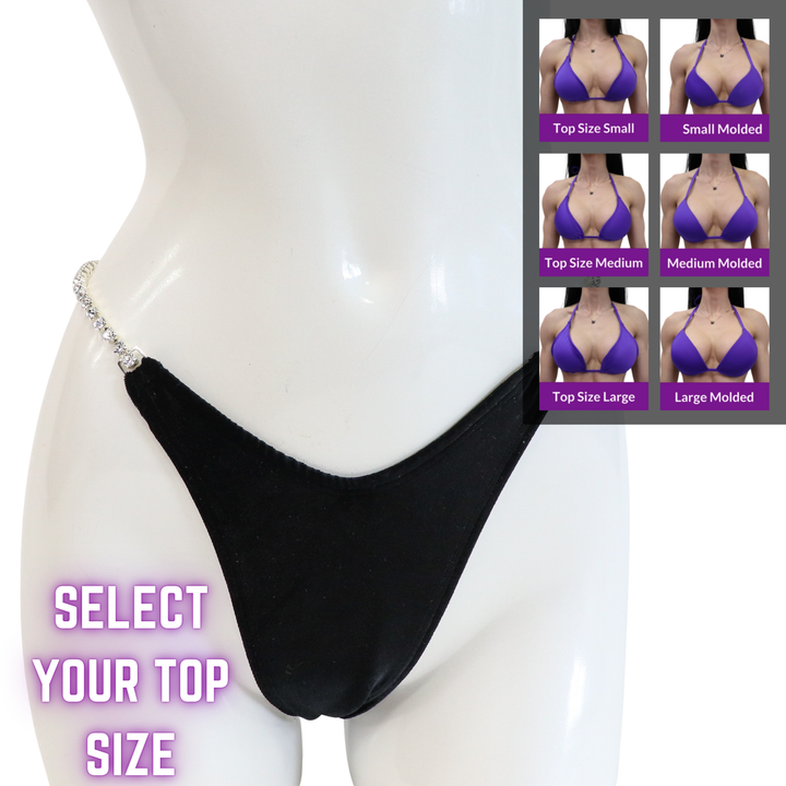 QS SZ: Velvet Black Simple Suit. Select Your Top/Pro, Modest Rise.  Angel Competition BikinisThe best NPC Competition Suits for the Bikini Division, Fit Model Division Suits, and bodybuilding suits.