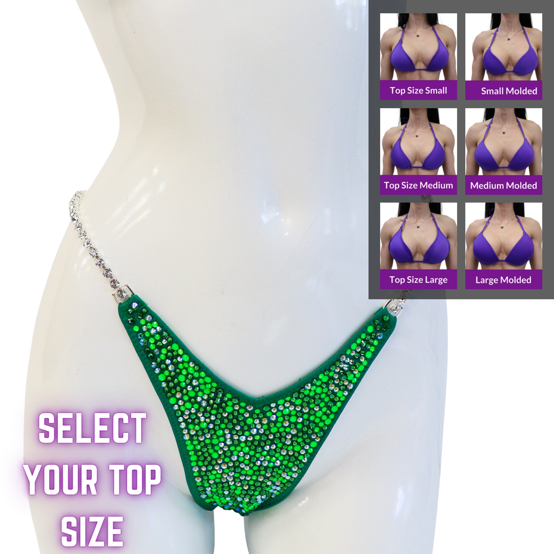QS SZ: Kassandra's Green Radiance. Select Your Top/Wellness Pro, Modest Rise.  Angel Competition BikinisThe best NPC Competition Suits for the Bikini Division, Fit Model Division Suits, and bodybuilding suits.