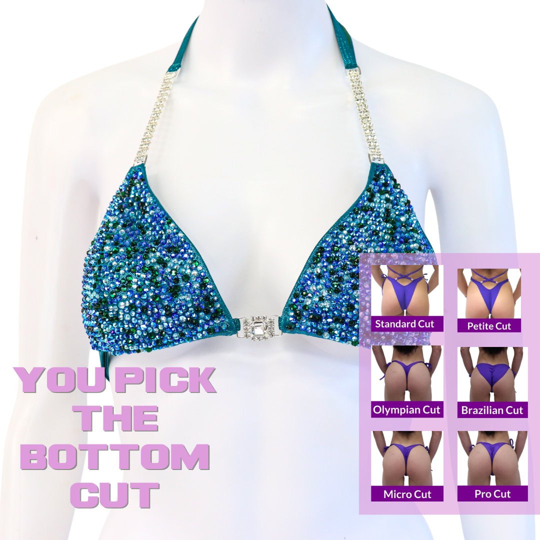 QS SZ: Triumphant Teal Radiance. Small.  Angel Competition BikinisThe best NPC Competition Suits for the Bikini Division, Fit Model Division Suits, and bodybuilding suits.
