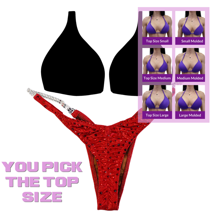 QS SZ: Lawna's Red Radiance. Hologram Red. Micro with Petite Rise.  Angel Competition BikinisThe best NPC Competition Suits for the Bikini Division, Fit Model Division Suits, and bodybuilding suits.