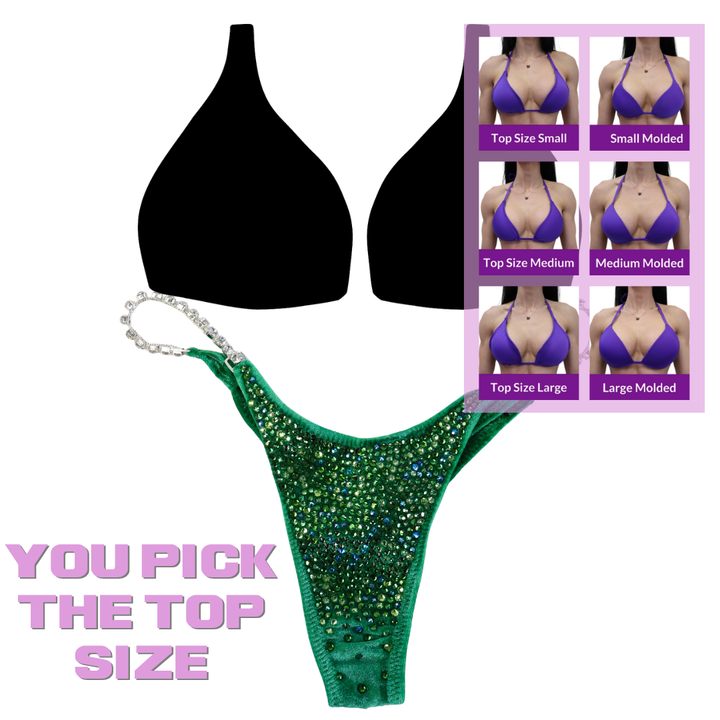 QS SZ: Crystal Radiance. Velvet Green. Micro with Petite Rise.  Angel Competition BikinisThe best NPC Competition Suits for the Bikini Division, Fit Model Division Suits, and bodybuilding suits.