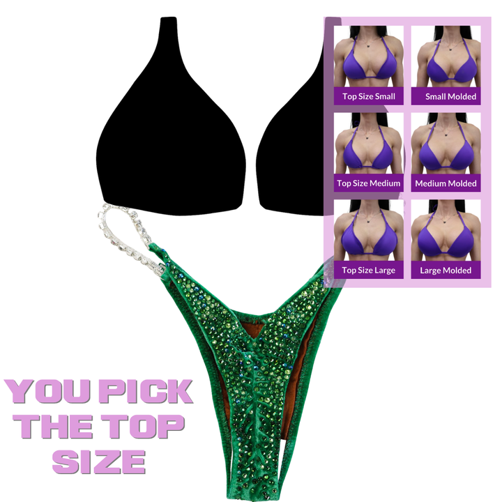 QS SZ: Crystal Radiance. Velvet Green. Micro with Petite Rise.  Angel Competition BikinisThe best NPC Competition Suits for the Bikini Division, Fit Model Division Suits, and bodybuilding suits.