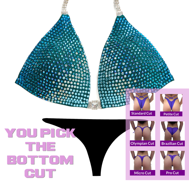 QS SZ: Diamond Cascade 5 Color. Matte Teal. Medium Molded.  Angel Competition BikinisThe best NPC Competition Suits for the Bikini Division, Fit Model Division Suits, and bodybuilding suits.