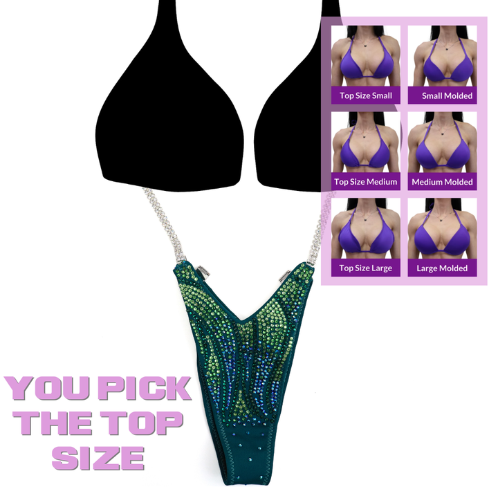QS SZ: Crystal Inferno. Matte Teal. Standard Figure.  Angel Competition BikinisThe best NPC Competition Suits for the Bikini Division, Fit Model Division Suits, and bodybuilding suits.