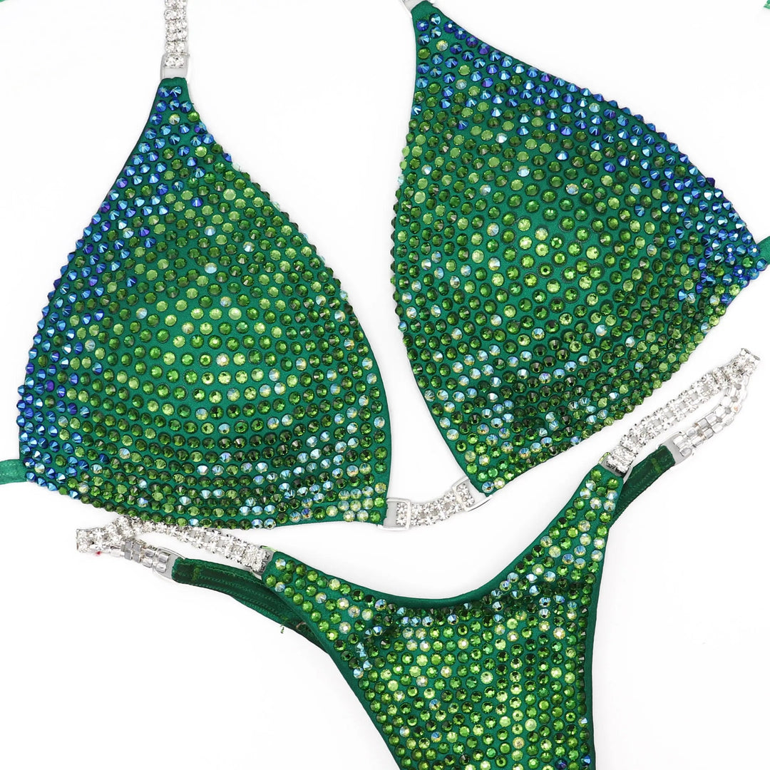 Custom Diamond Trinity bikini set with green and blue crystals and rhinestone straps designed for athletes.