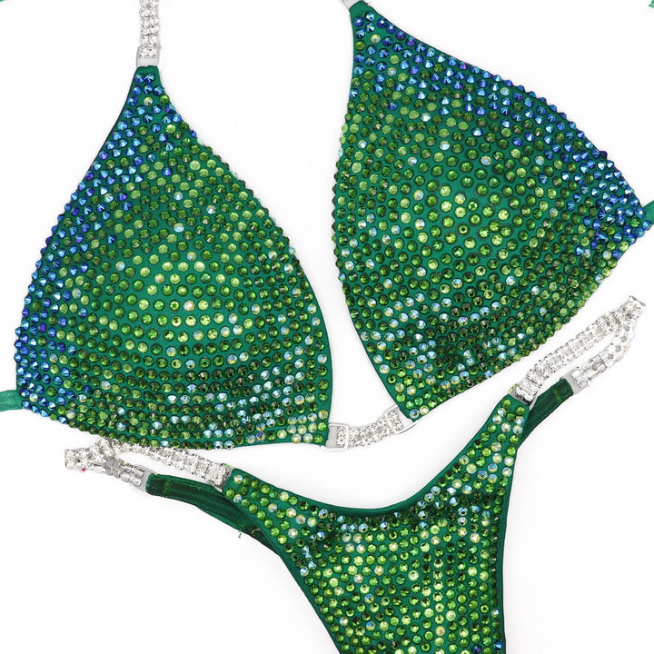 Custom Diamond Trinity bikini set with green and blue crystals and rhinestone straps designed for athletes.