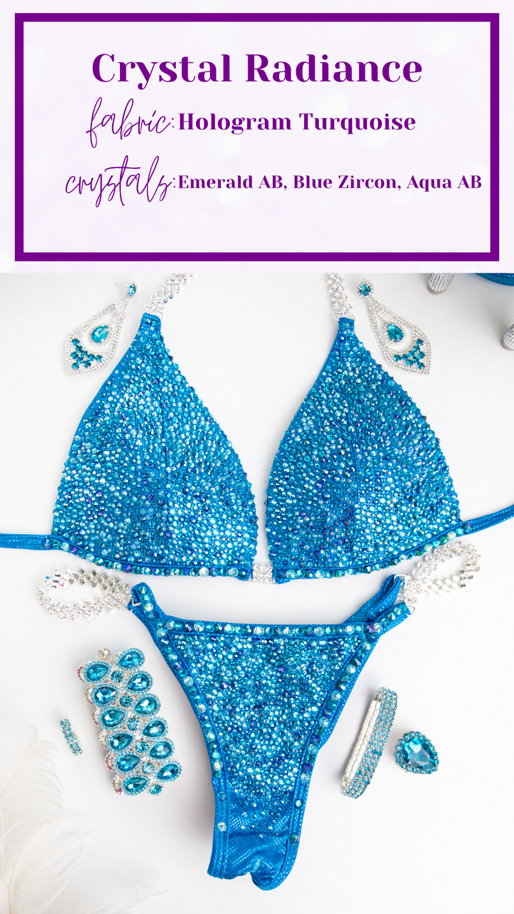 Step into the spotlight with our Ocean Water Radiance competition suit designed for female bikini competitors. Inspired by the tranquil hues of the ocean, this suit shimmers with elegance. Flaunt your physique with confidence and grace. Stand out and shine on stage.