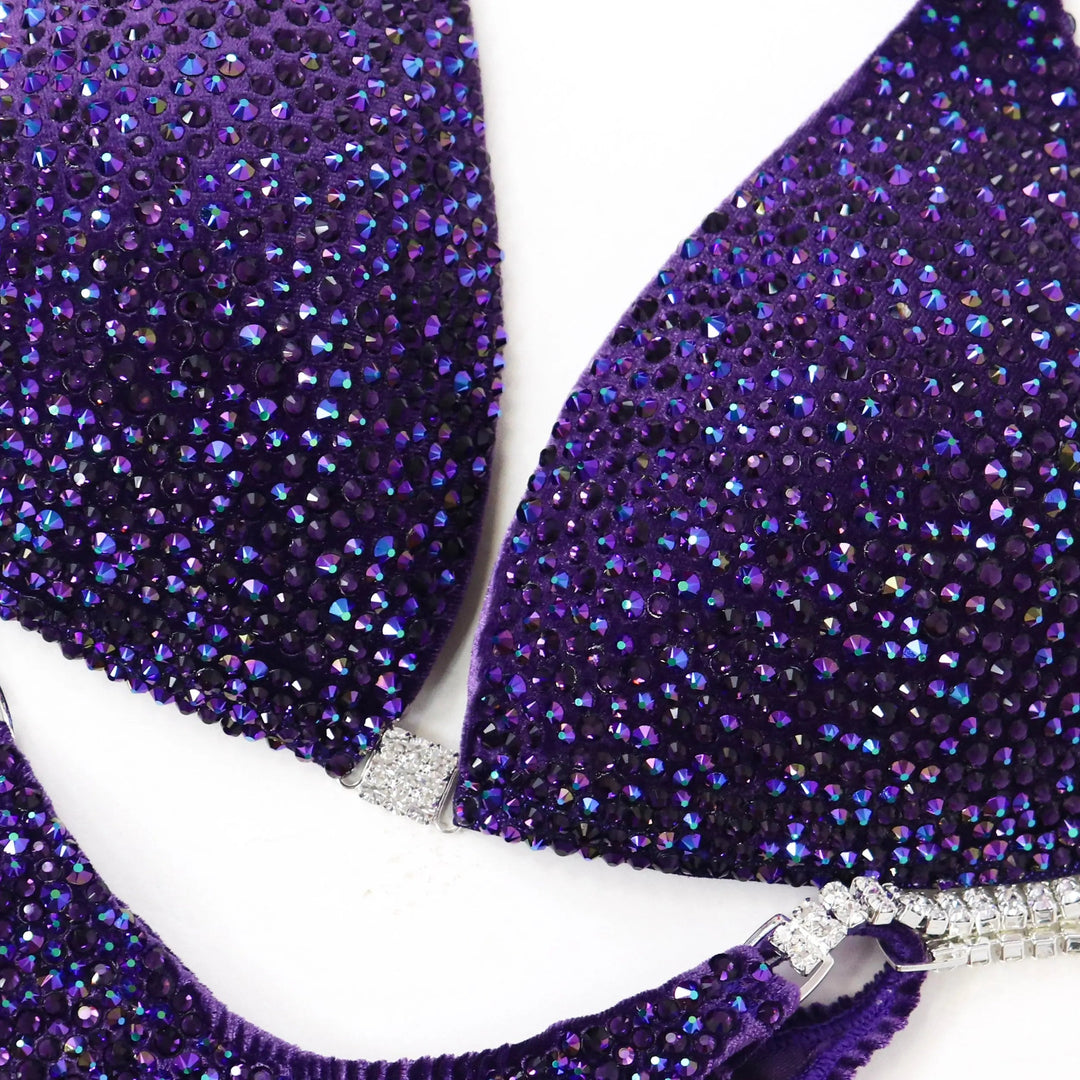 Unleash your power in the **Chrome Eclipse Radiance** competition suit! Soft velvet purple with violet & chrome purple AB crystals for a stunning shine. ✨💜 #Bodybuilding #CompetitionSuit #ChromeEclipse #PurpleRadiance
