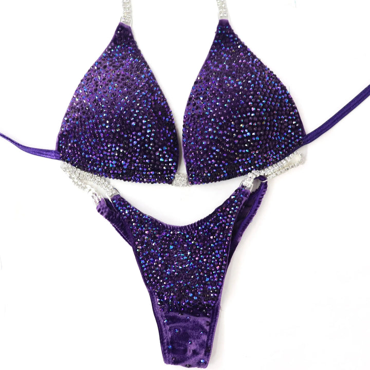 Unleash your power in the **Chrome Eclipse Radiance** competition suit! Soft velvet purple with violet & chrome purple AB crystals for a stunning shine. ✨💜 #Bodybuilding #CompetitionSuit #ChromeEclipse #PurpleRadiance