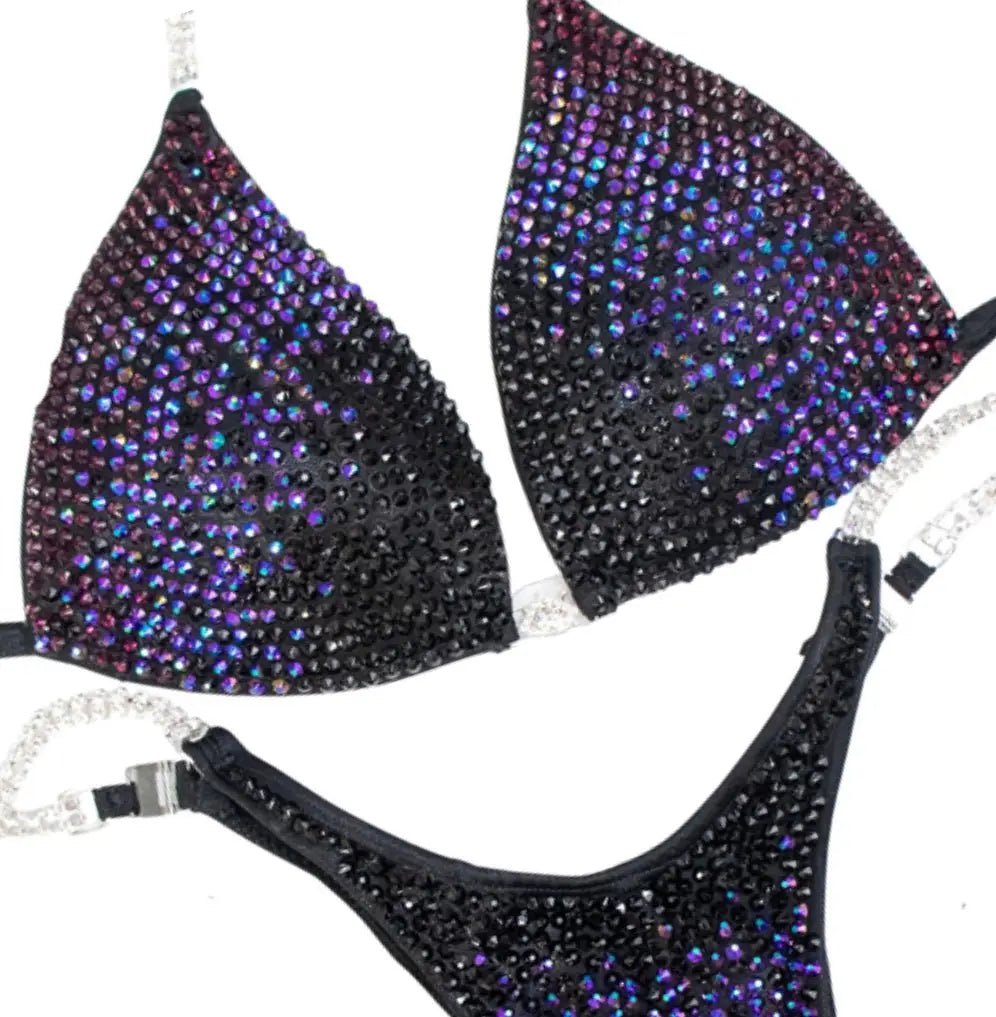 Custom Diamond Trinity bikini set with black base and shimmering gradient crystals designed for athletes.