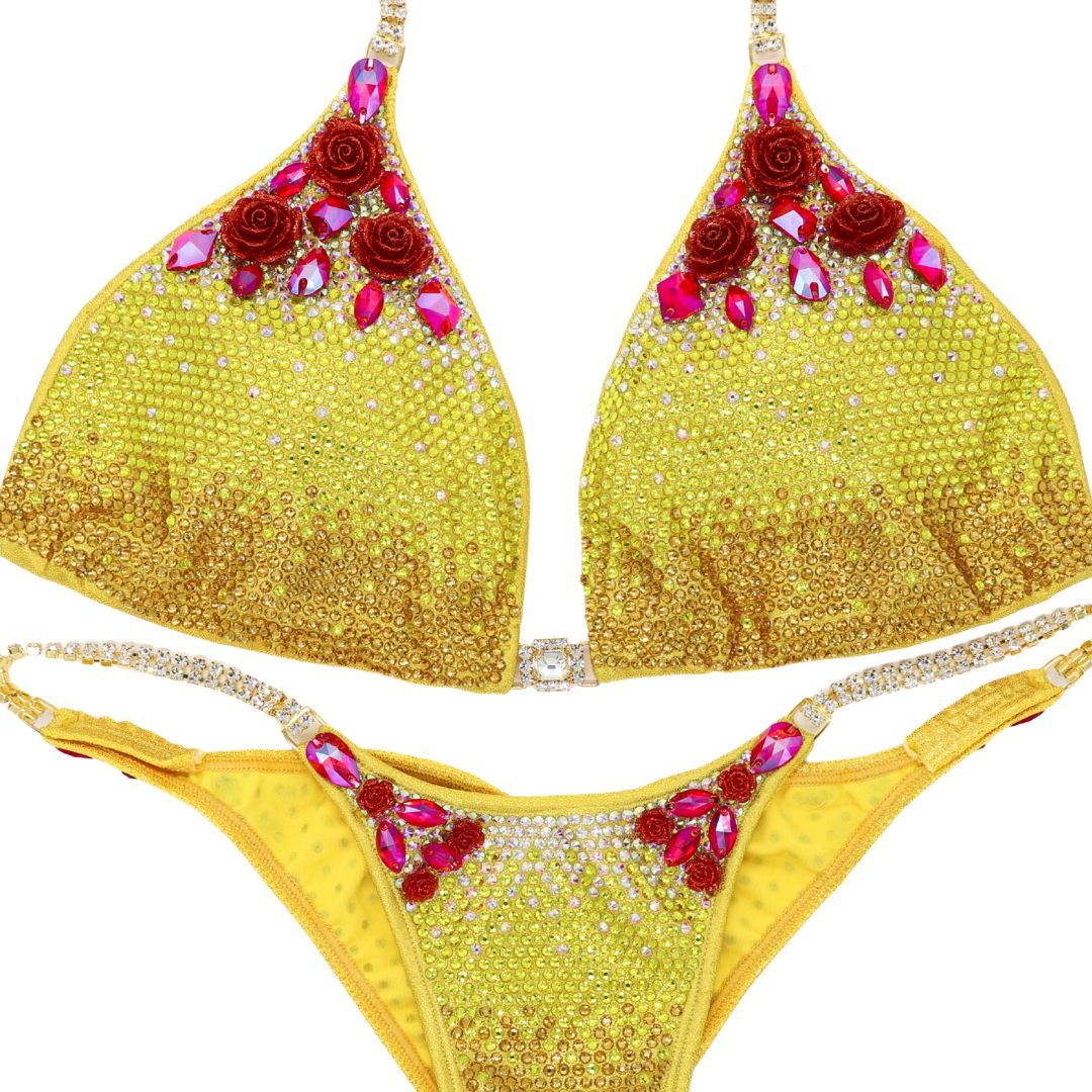 Custom Platinum Gradient yellow competition bikinis with red rhinestone accents for NPC bikini competition suit and figure competition suits