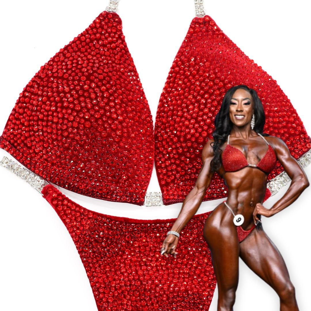 Tamekia's Red Velvet Radiance red velvet competition bikinis for NPC bikini competition suit and figure competition suits