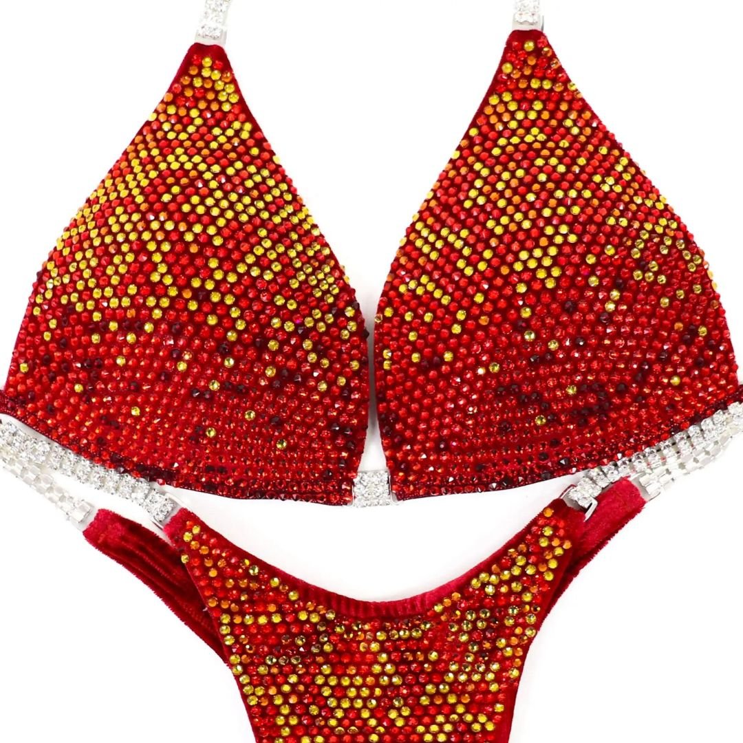 Julia’s Phoenix Velvet Gradient red competition bikinis for NPC bikini competition suit and figure competition suits