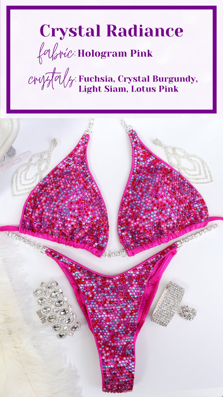 "Introducing the Fuchsia Candy Radiance: crafted on hologram pink, adorned with fuchsias, reds, pinks, and crystal burgundy. This exquisite suit is more than attire; it's a confidence booster, igniting your stage presence with its vibrant charm. Own your moment with radiance! 💖✨ #FemaleBodybuilding #ConfidenceBoost"