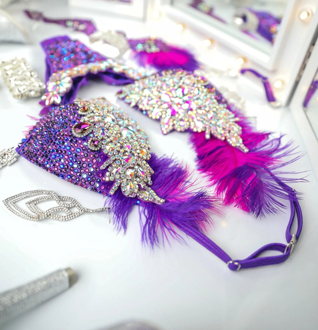 Gracie's Purple Pink Feathered Couture  Angel Competition BikinisNPC Competition Suits