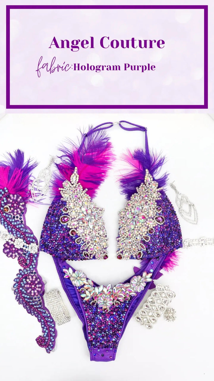 Gracie's Purple Pink Feathered Couture  Angel Competition BikinisNPC Competition Suits