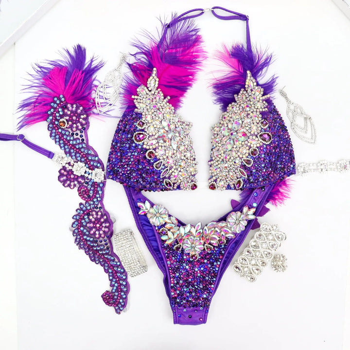Gracie's Purple Pink Feathered Couture  Angel Competition BikinisNPC Competition Suits