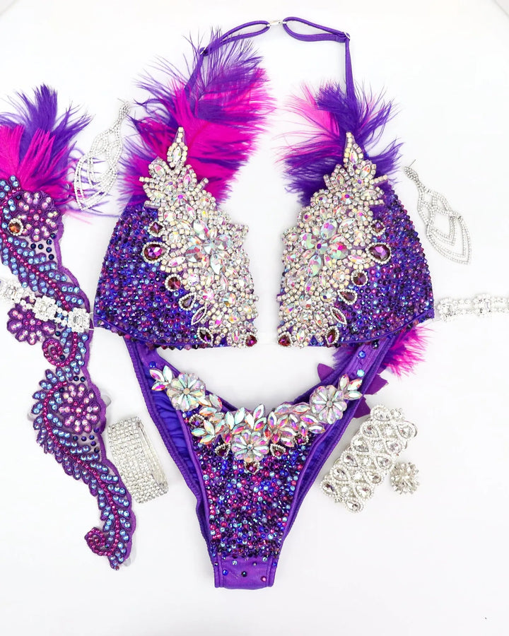 Gracie's Purple Pink Feathered Couture  Angel Competition BikinisNPC Competition Suits
