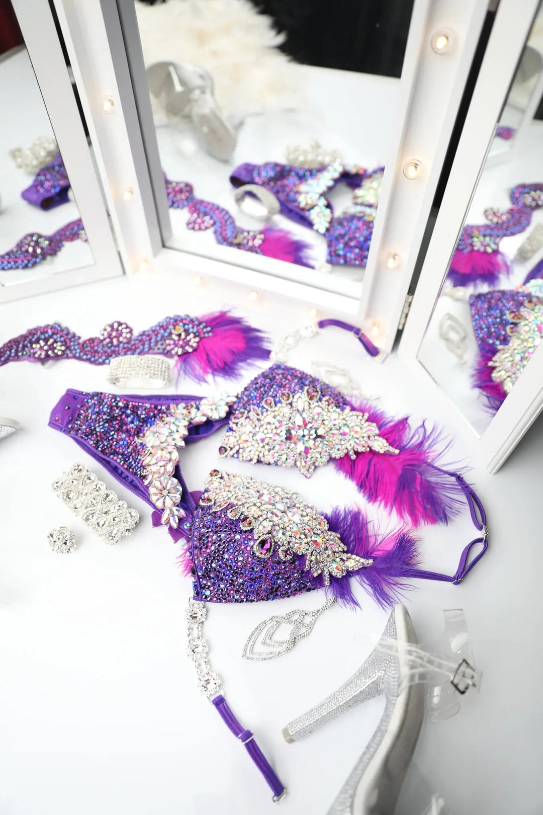 Gracie's Purple Pink Feathered Couture  Angel Competition BikinisNPC Competition Suits