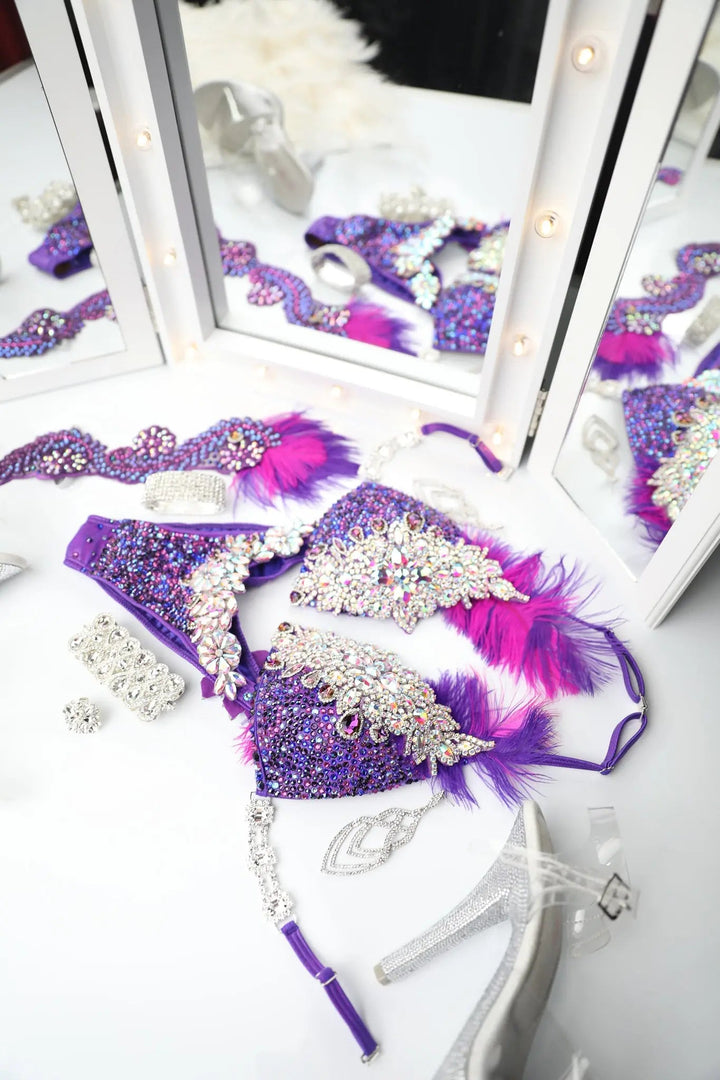 Gracie's Purple Pink Feathered Couture  Angel Competition BikinisNPC Competition Suits