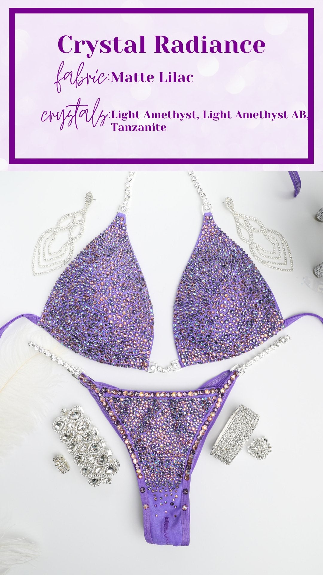 "Introducing Matte Lilac Radiance! 💜✨ Designed with Ndeye Ndour, this lilac bodybuilding suit features mesmerizing amethyst and purple crystals, ensuring you shine bright on stage. Elevate your performance and style with this stunning creation! #BodybuildingBeauty #MatteLilac #DesignerGallery"