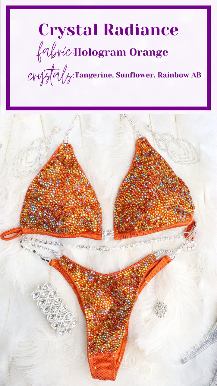 Introducing Orange Swirl Radiance 🧡! This vibrant orange competition suit for female bodybuilders features stunning yellow and rainbow AB crystals, making it uniquely eye-catching ✨. Shine bright on stage with this standout attire! #Bodybuilding #CompetitionSuit #OrangeSwirlRadiance 🌈👙🌟