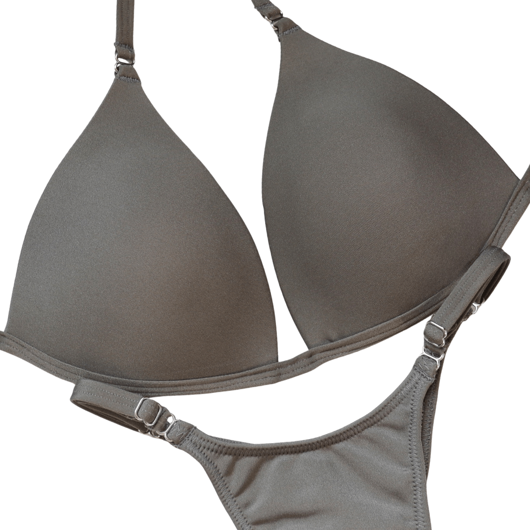 Matte Grey Posing Practice Suit with adjustable straps for figure competition suits and bikini posing practice suit essentials