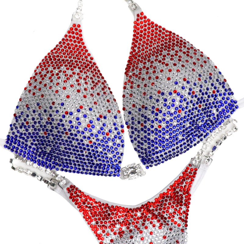 Introducing the Red, White, & Blue Gradient: a flawless white suit that embodies patriotism and power! 🇺🇸💪 This stunning piece radiates brightness and elegance, making it a standout on stage. Elevate your performance in style! #RedWhiteBlue #Bodybuilding #CompetitionReady 🏋️‍♀️✨