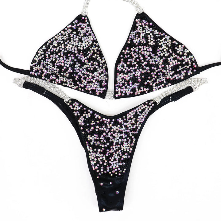 QS CL: Crystal Radiance. Crystal Clear, Jet Black. Wet Black.  Angel Competition BikinisNPC Competition Suits
