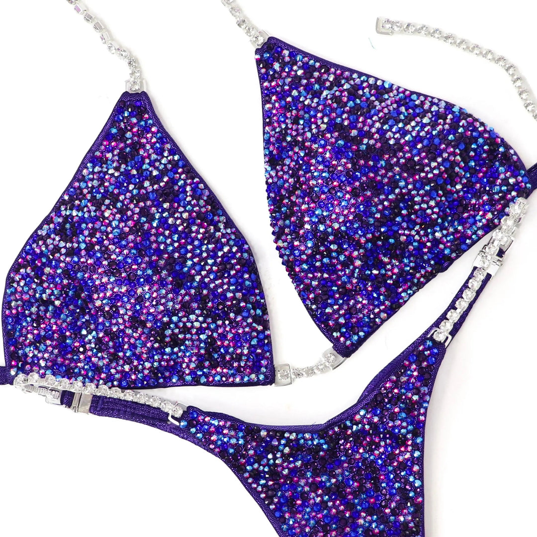 QS ST: Brenda's Purple Shimmer Radiance. Hologram Eggplant. Large/Pro.  Angel Competition BikinisNPC Competition Suits