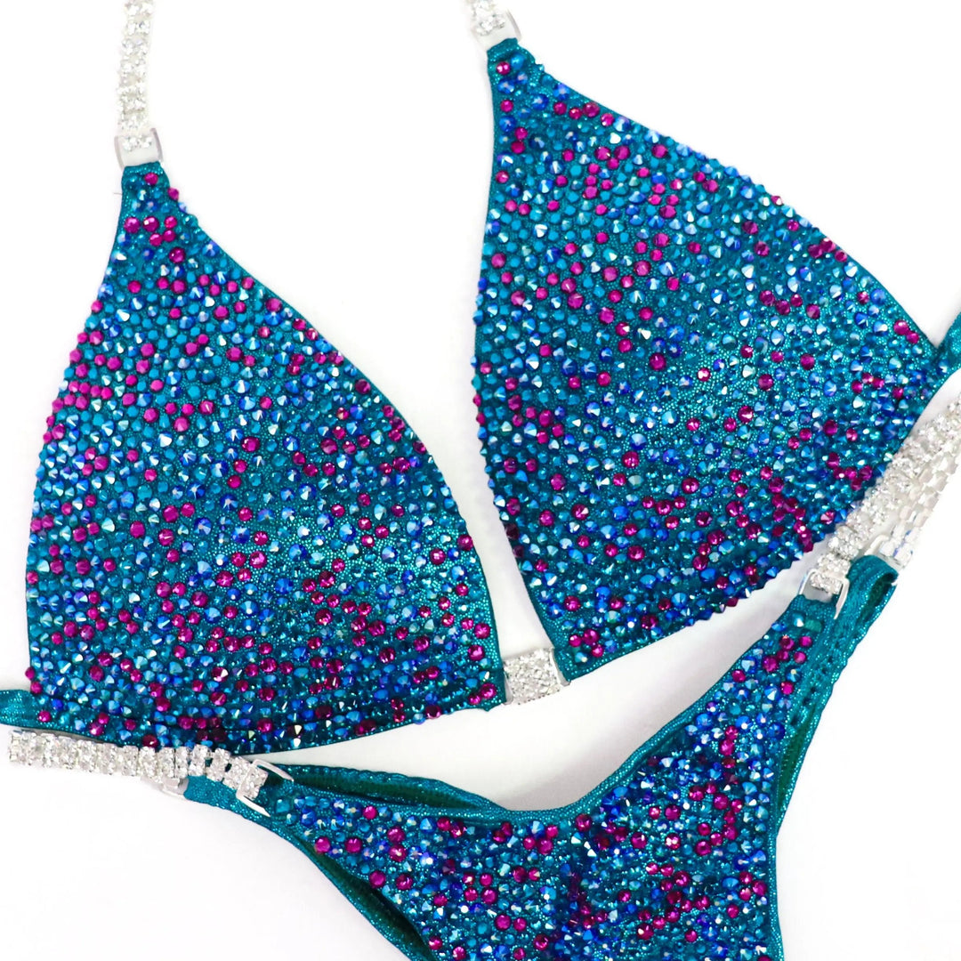 QS ST: Teal Blossom Radiance. Hologram Teal. Medium Molded/Pro.  Angel Competition BikinisNPC Competition Suits