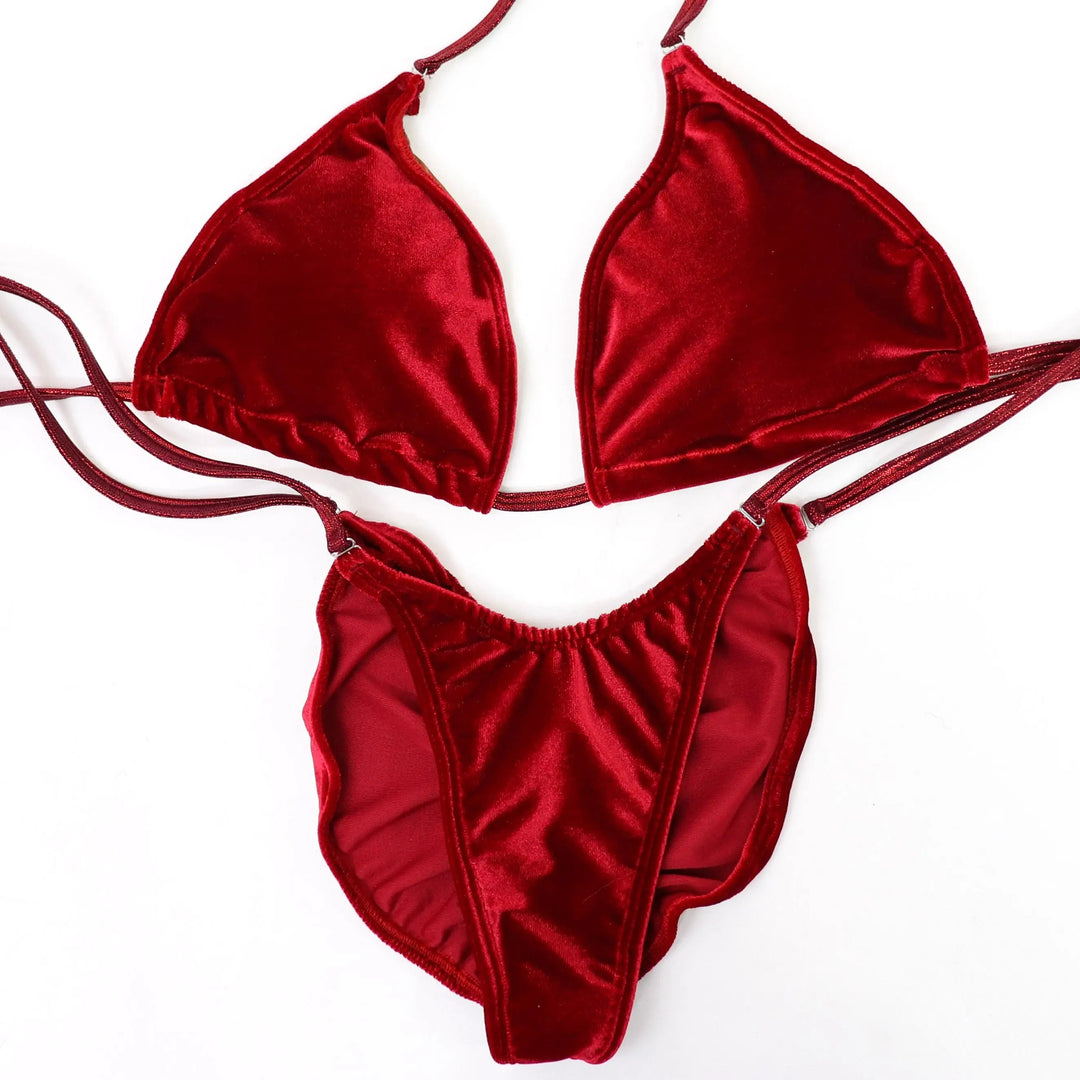 QS ST: Velvet Red Posing Practice Suit. Large/Moderate with Modest Rise.  Angel Competition BikinisNPC Competition Suits